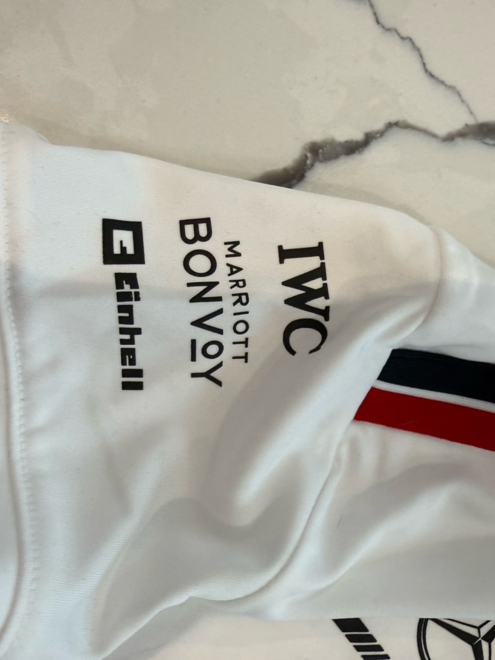 Mercedes AMG Petronas White Polo Jersey with Red and Navy Blue Stripes - Picture 3 of 6